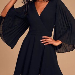 Chic Love Black Pleated Three-Quarter Sleeve Skater Dress